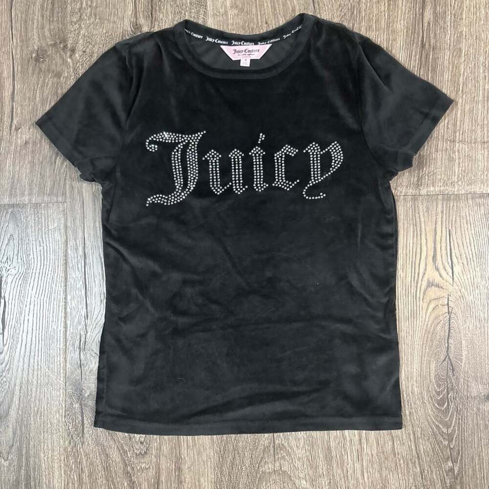 Juicy Couture Rhinestone Velour T-Shirt Size S Black Y2K